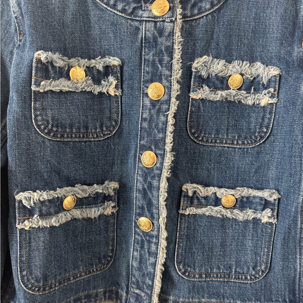 J. Crew Blue Denim Frayed Lady Day Jacket with Gold Buttons Size 8 - Picture 5 of 7